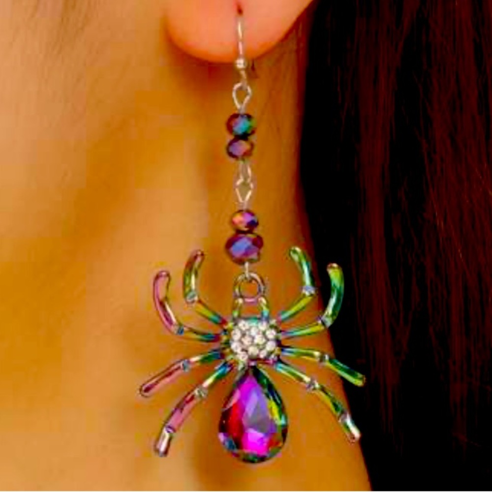 🕷️🕸️🕷️ SCARY❗️ SPIDER DANGLE EARRINGS ~ MULTI COLOR IRIDESCENT OIL SPILL❗️🕷️🕸️🕷️